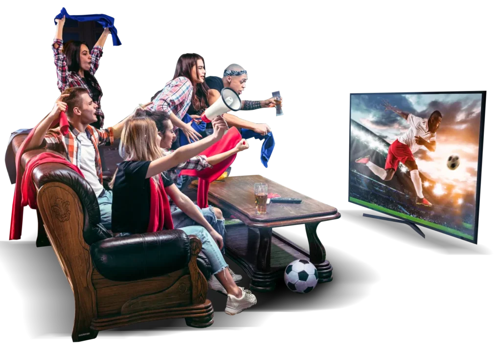 Supporters regardant un match de soccer sur un téléviseur